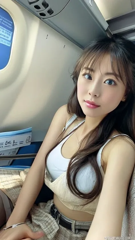 Beautyful woman sitting inside the plane (high quality)、ベージュのレースビキニを着ている