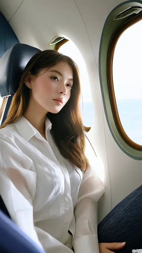 Beautyful woman sitting inside the plane (high quality)、ベージュのレースビキニを着ている