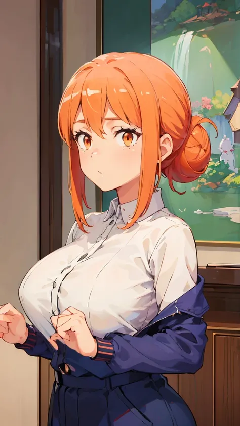 (Highest quality, 8K, masterpiece :1.3),Mrs. Yuigahama,ガハMom, As I expected, my youth romantic comedy is wrong。, One woman,Bun Hair,30 years old,Mom,Orange Hair,nsfw,Plump body,