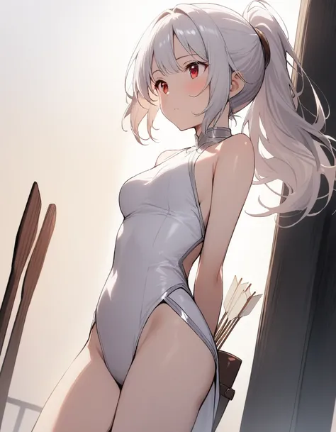 1 girl, shiny backlight, volumy long ponytail, silver hair, red eyes, middle breasts, her hair is fluttering down, white fantasic leotard outfit, white long loincloth,brown belts, long Quiver of Arrows behind back, open legs,open thighs, arched back, sceri...