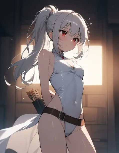 1 girl, shiny backlight, volumy long ponytail, silver hair, red eyes, middle breasts, her hair is fluttering down, white fantasic leotard outfit, white long loincloth,brown belts, long Quiver of Arrows behind back, open legs,open thighs, arched back, sceri...