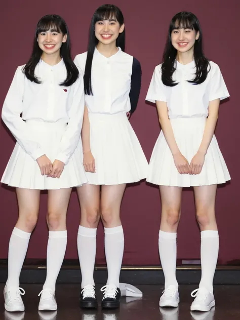 White knee-high socks、White dress shirt、White mini skirt、White sneakers、Japanese women、Black Hair、Standing posture、Full Body Focus、smile、20-year-old