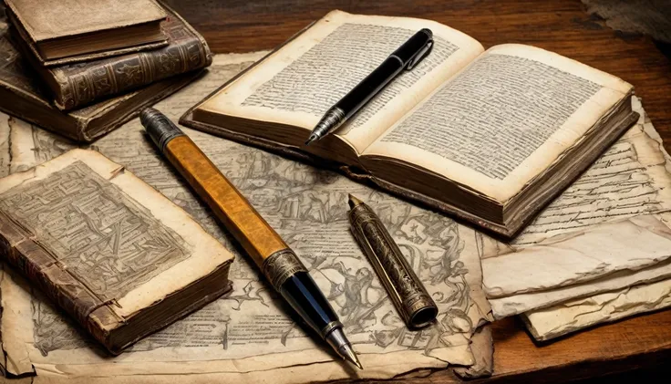 old books, manuscripts, on a table, medieval design, charcoal pencil drawing on old paper, add a writing pen and ink