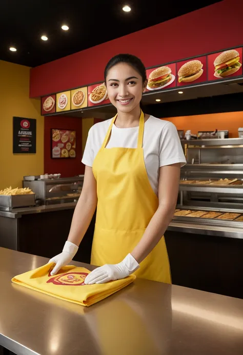 (Fast Food Worker), A fast food clerk holding a cloth is busy cleaning the table inside the restaurant. The decoration is brightly colored, with the logo of the fast food brand hanging on the wall. The clerks face is filled with a satisfied smile, and the ...