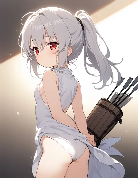 1 girl, shiny backlight, volumy long ponytail, silver hair, red eyes, middle breasts, her hair is fluttering down, white fantasic leotard outfit, white long loincloth,brown belts, long Quiver of Arrows behind back, open legs,open thighs, arched back, sceri...