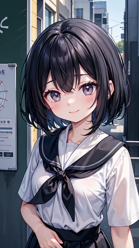 Short black hair and black eyes、primary school student， girl、Small breasts、Smile、There are bright spots around the eyes、cute hairpin、I can see the whole body、School，primary school student服