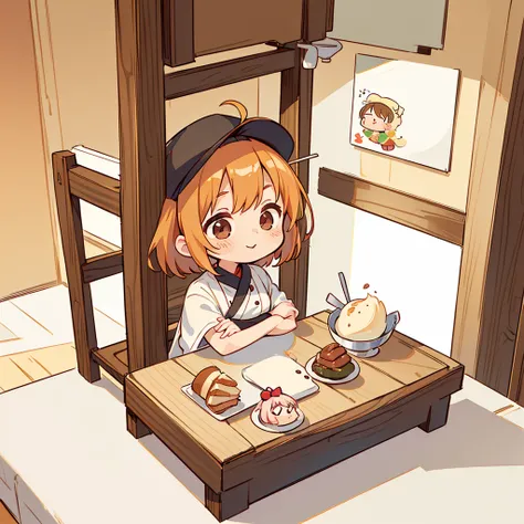 (((masutepiece))), Best Quality, Extremely detailed, (Chef Costume:1.2), (Chefs Hat), (((girl)), (((Solo))), Happy, ((Half body)), Ahoge, (((Deformed))), (((Chibi Character))), ((( Restaurant))),, ((crossed arms))), (((cooking)), ((many food)), (( food on ...