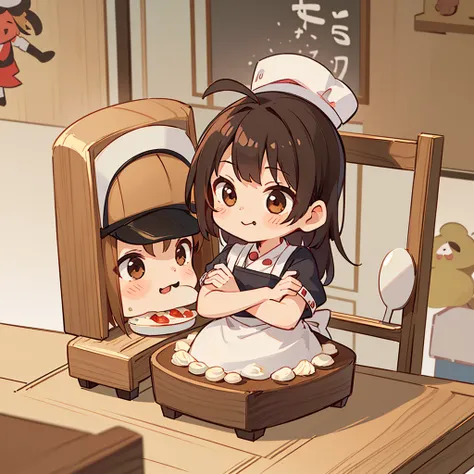 (((masutepiece))), Best Quality, Extremely detailed, (Chef Costume:1.2), (Chefs Hat), (((girl)), (((Solo))), Happy, ((Half body)), Ahoge, (((Deformed))), (((Chibi Character))), ((( Restaurant))),, ((crossed arms))), (((cooking)), ((many food)), (( food on ...