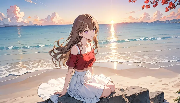 春のヴァスのAnime Styleの写真、Anime girl with long light brown hair and purple eyes、Off-the-shoulder tight T-shirt、Red crop top、White Skirt、At the Beach、Looking at the sea、Wearing long white boots、Sunset、Sad Pose、Full Body Shot、Tuck Sitting、Anime Style、Sitting cryi...