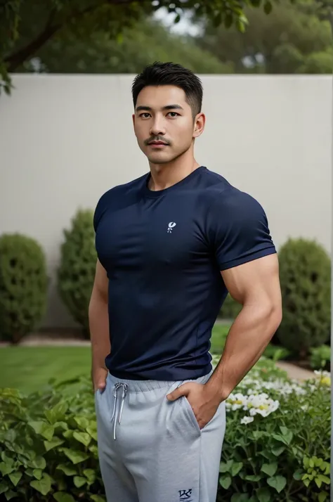 Masterpiece, best quality, high resolution, realistic, handsome, Take beautiful photos, Sayk, NRF, Photo of the 35 year old gym association (The man has a thin mustache.),Full body, Portrait, standing in the garden , make military media, weight, Amazing , ...