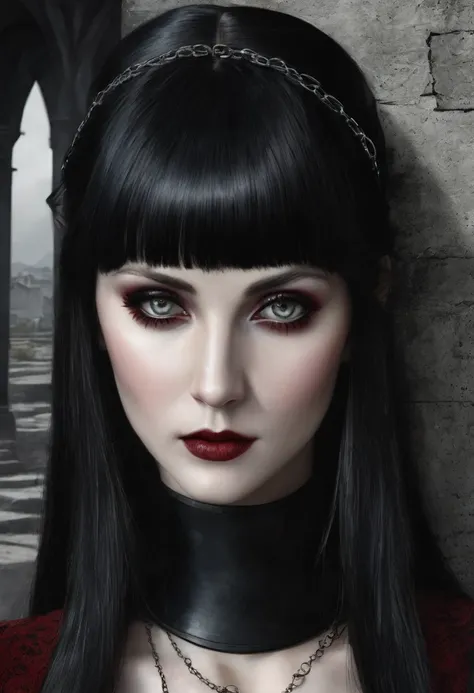 industrial gothic style woman. She has striking grey eyes, full lips in dark red with long, completely straight, black hair and straight bangs on her forehead. with something metalic medieval thing on her hair. She wears a very simple black very long gothi...