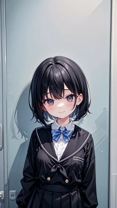 Short black hair and black eyes、primary school student， girl、Small breasts、Smile、There are bright spots around the eyes、cute hairpin、I can see the whole body、School，primary school student服