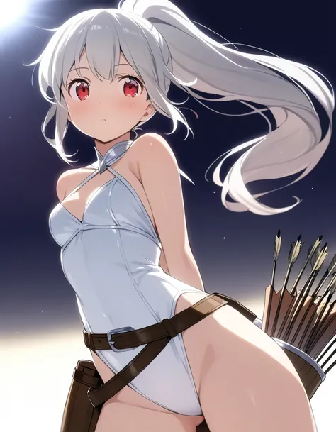 1 girl, shiny backlight, volumy long ponytail, silver hair, red eyes, middle breasts, her hair is fluttering down, white fantasic leotard outfit, white long loincloth,brown belts, long Quiver of Arrows behind back, open legs,open thighs, arched back, sceri...