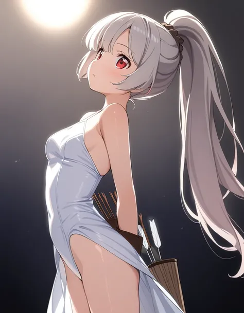 1 girl, shiny backlight, volumy long ponytail, silver hair, red eyes, middle breasts, her hair is fluttering down, white fantasic leotard outfit, white long loincloth,brown belts, long Quiver of Arrows behind back, open legs,open thighs, arched back, sceri...