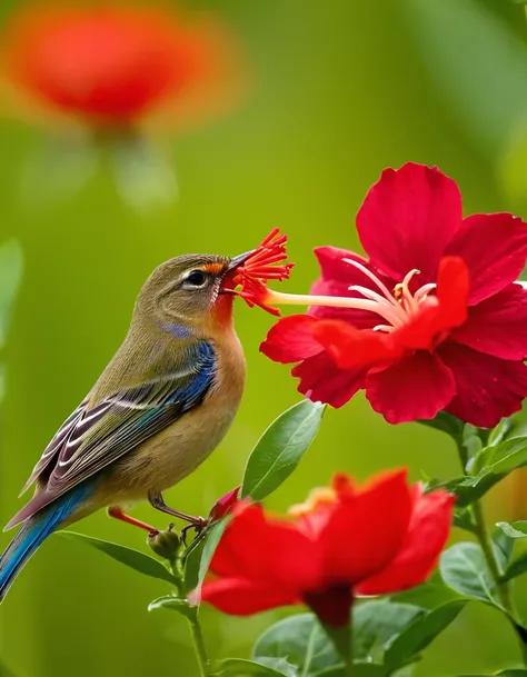 A beautiful little bird sucks the nectar of a red flower. The one in bloom is a beautiful, shiny sight. The real picture is sharp and clear, taken from a distance. A lot with the camera, clear at 6 K level.