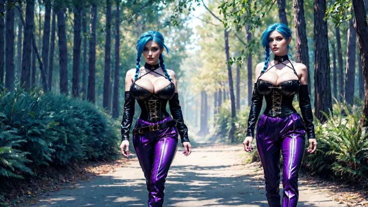 jinx, blue hair,blue long curly ponytail, blue leahter corset, black jacket, big breast, purpble tight leahter Trousers, purple belt, black long high heels boots,walking in the Forestn