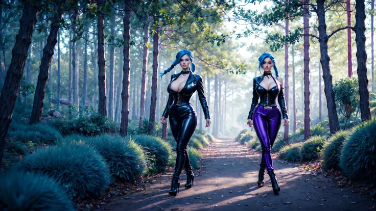 jinx, blue hair,blue long curly ponytail, blue leahter corset, black jacket, big breast, purpble tight leahter Trousers, purple belt, black long high heels boots,walking in the Forestn