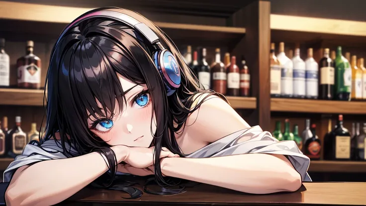 ((UHD, super detail, best quality, highres)),black hair, hair over shoulder, medium hair, blue eyes, (headphones), anime, anime style, (Relax with a drink at the bar counter),(There is alcohol by the side)