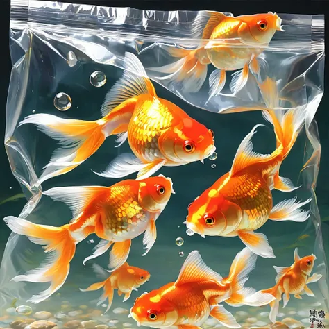 (masterpiece, best quality:1.2),Goldfish in a plastic bag。
