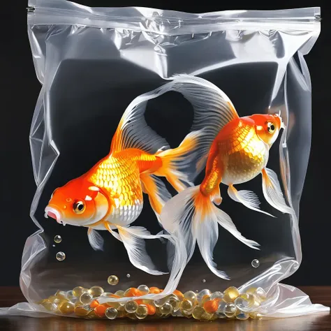 (masterpiece, best quality:1.2),Goldfish in a plastic bag。
