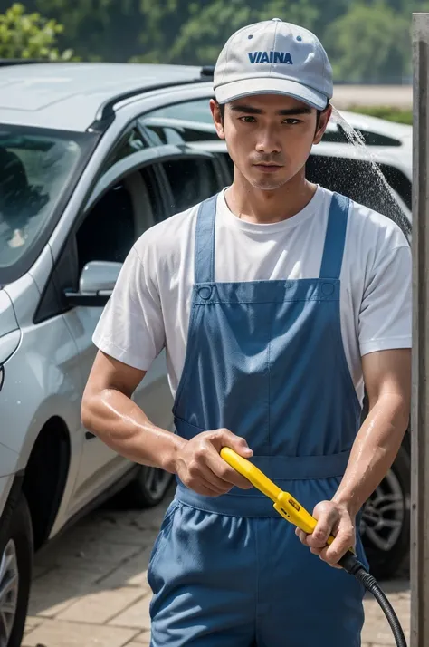 ((best quality)), ((masterpiece)), (detailed), ((1man)) facing the camera ,wearing cap, washing car ,(worker outfit)) , using water karcher , 1000 Focus expression, ((look down))
