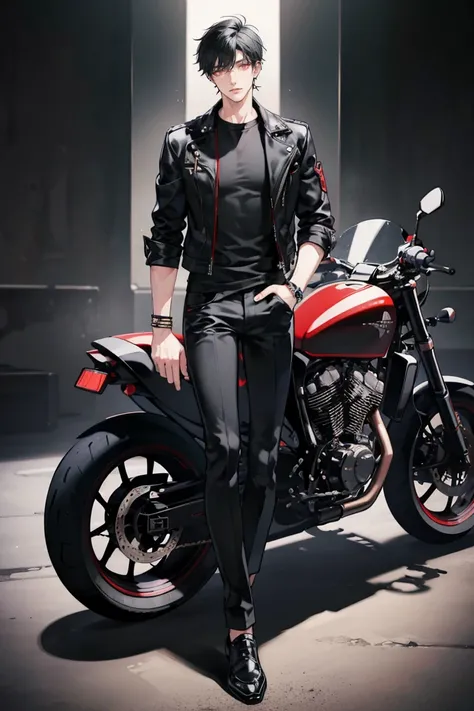 (masterpiece), best quality, seductive eyes, perfect face, handsome man, red eyes, short messy black hair, long nose, plain black t-shirt, black fitted pants, black leather jacket, full body, extremely tall man, long legs, long calves, anime cover, 1boy, e...