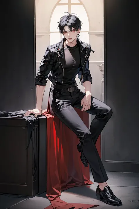 (masterpiece), best quality, seductive eyes, perfect face, handsome man, red eyes, short messy black hair, long nose, plain black t-shirt, black fitted pants, black leather jacket, full body, extremely tall man, long legs, long calves, anime cover, 1boy, e...