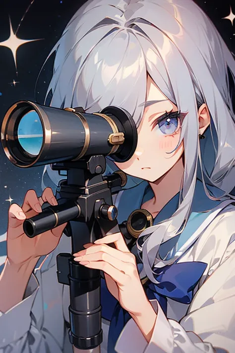 Gray Hair、cute、beauty、high school girl、Ballpoint pen、boredom、(Looking at my boyfriend through a telescope)