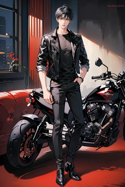 (masterpiece), best quality, seductive eyes, perfect face, handsome man, red eyes, short messy black hair, long nose, plain black t-shirt, black fitted pants, black leather jacket, full body, extremely tall man, long legs, long calves, anime cover, 1boy, e...