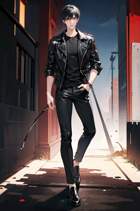 (masterpiece), best quality, seductive eyes, perfect face, handsome man, red eyes, short messy black hair, long nose, plain black t-shirt, black fitted pants, black leather jacket, full body, extremely tall man, long legs, long calves, anime cover, 1boy, e...