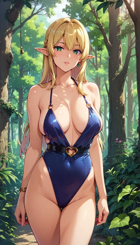 (masterpiece, best quality, ultra-detailed, high resolution, detailed eyes), (vulgar), nsfw, takeda hiromitsu style, (1woman), elf woman, long straight hair, blonde hair, forest, cowboy shot