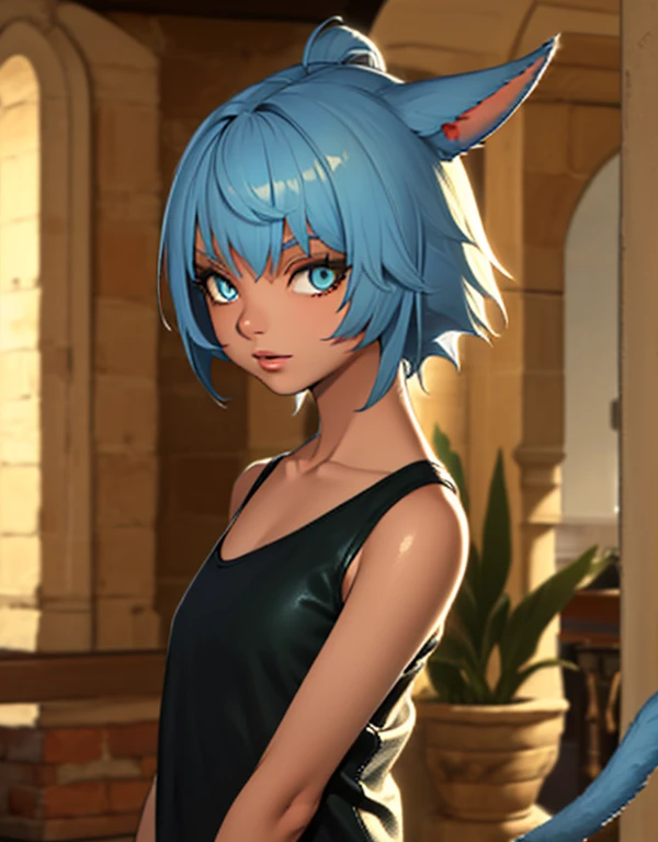 (masutepiece:1.2, Best Quality, Photo Real Stick), 1girl, radhy_shamar (ffxiv), (Cool Beauty), pixie cut, Blue hair, cat ears, cat tail:1.2, ((no-human ears:1.2, no-pinted ears:1.2)), light-cyan eyes, middlebreasts, ((black camisole:1.4, green leather-jake...