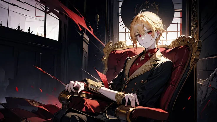 Blonde head, The red-eyed prince sits on his majestic throne in an abandoned palace. The environment around him was dark and gloomy., There is a crack in the wall，There&#39;s a spider&#39;s web there. The throne is magnificent, Gold and jewellery details, ...