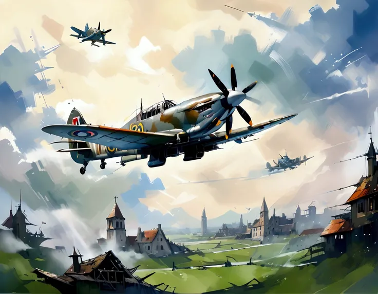 world war 2 spitfire aircraft flying on the sky, isolated sky background, leonardo illustration, vector style , (lora: leonardo-illustration:1), oil and watercolor painting