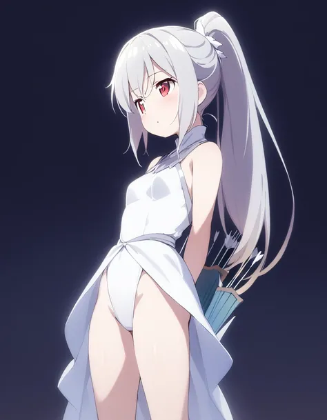 1 girl, shiny backlight, volumy long ponytail, silver hair, red eyes, middle breasts, her hair is fluttering down, white fantasic leotard outfit, white long loincloth,brown belts, long Quiver of Arrows behind back, open legs,open thighs, arched back, sceri...