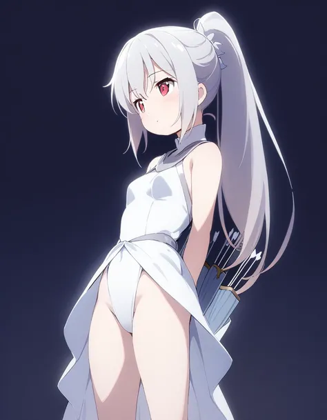 1 girl, shiny backlight, volumy long ponytail, silver hair, red eyes, middle breasts, her hair is fluttering down, white fantasic leotard outfit, white long loincloth,brown belts, long Quiver of Arrows behind back, open legs,open thighs, arched back, sceri...