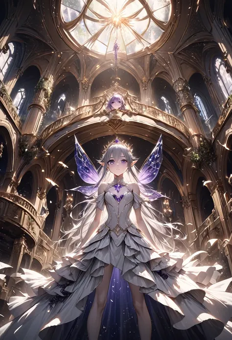 (Highest quality, masterpiece, Very detailedな, Very detailed, Exquisite, 16K, Confused, Full HD), Castles with Gothic architecture, Luxurious and luxurious decoration,((Collapse)),sad,seems painful,(Fairy Knight Princess, Purple eyes, Big eyes, White skin,...