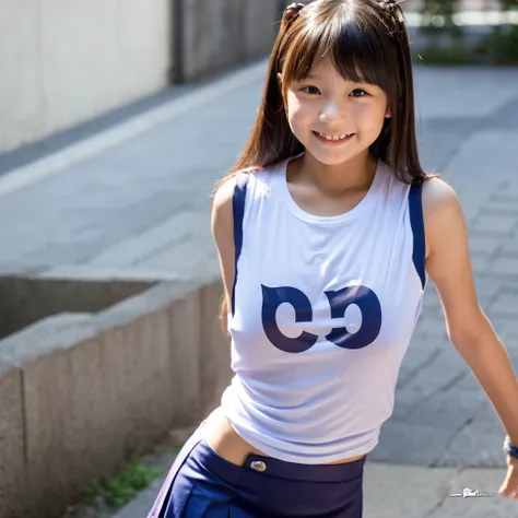 Asian cute girl, 8 years old, a little kid, with T-shirt and short skirt, big breasts, baby face, tiny kid, tiny body, short arms, short legs, bending forward, exposing her cleavage, solo, smile