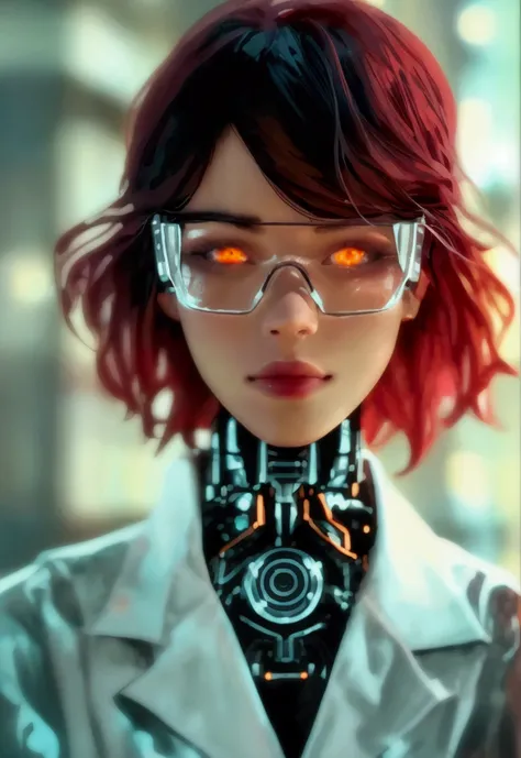 1 robot girl, android, robot style fingers, robot style legs, humanized android, looks perfectly like human being, beautiful girl, wearing scientist clothes, white coat, rose gold hair, shoulder length hair, straight hair, fiery red eyes, smiling mysteriou...