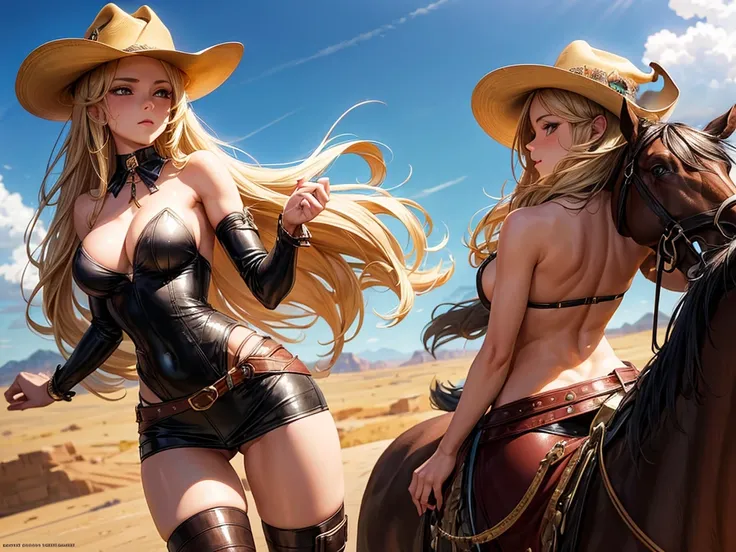 (((depcit young girl))), (((elegant cowgirl))), sexy, blond hair, long hair, straight hair, cowby hat, wearing leather cowboy clothes, open legs, spread legs, brown eyes, thin , small breasts, nice hips, open shoulders, (sassy), (Masterpiece, Excellent, co...