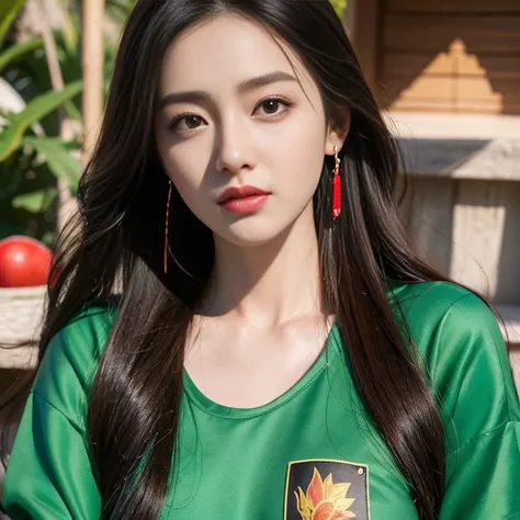 Arafe woman with long brown hair wearing a red shirt, Ruean Jia is very beautiful.!, Inspiration from Huang Ji, 8K vertical rendering, photo realistic beautiful face, Dilraba Dilmurat, red jewelry, Inspiration from Yao Tingmei, Digital art of elegance, Saz...