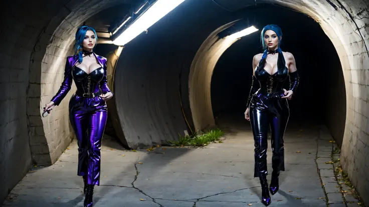 jinx, blue hair,blue long curly ponytail, blue leahter corset, black jacket, big breast, purpble tight leahter trousers, purple ...