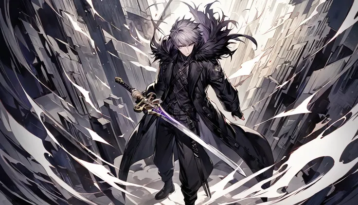 male, gray hair, light purple eyes, black fur coat, pants, 1 person, whole body,  alone, sword