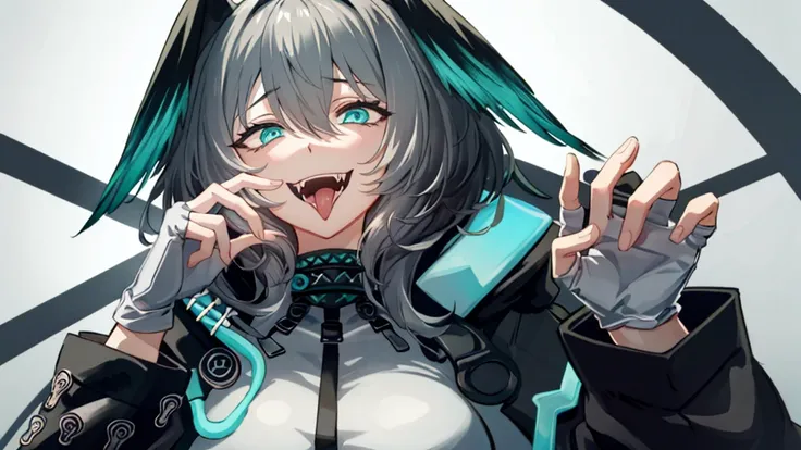 hoolheyak(arknights), 1girl, open mouth, solo, tongue, fingerless gloves, hood, tongue out, smile, grey hair, portrait, aqua eyes, hair between eyes, looking at viewer, i fangs, gloves, white gloves