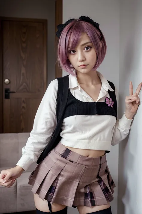 ph momo, momohd, phmomo, solo, 1girl,  pink hair, purple eyes, short hair, hair flower, sweater vest, , big eyes, plaid skirt, black thighhighs,making peace sign, embarrassed