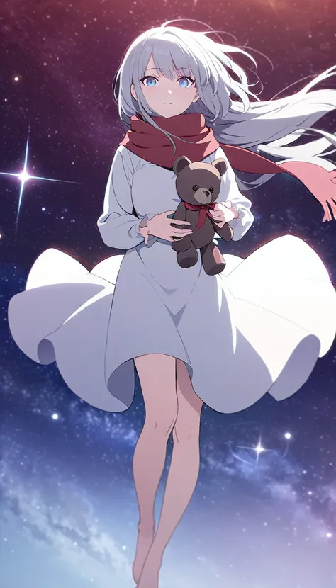 (((masterpiece))), (((best quality))),(((high detail))),light manipulation, girl with long silver hair, gradient purple to sky blue eyes, wearing a white dress, a red scarf, galaxy background, holding a teddy bear, feet, no footwear