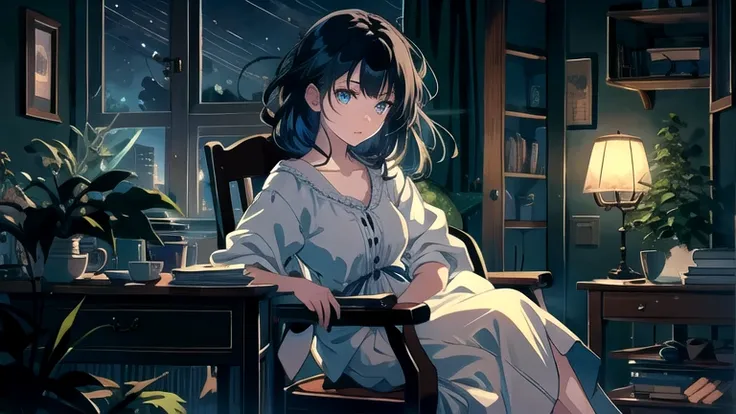 Create an illustration of a girl with black hair and blue eyes, sitting in a chair in front of a desk, Sentimental, Introspective look。, The moonlight gently shines into the room, Gently illuminate the space, Curtains sway in the wind, Increase tranquility...