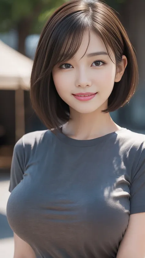 Highest quality, masterpiece, Ultra-high resolution, (Realistic:1.4), Beautiful woman, ((Big Breasts:1.1)), (((Short Bob))), (((Brown ash))), Beautiful Skin, Fine skin, 魅惑的なsmile, Background blur, smile, Hair over the ears, beautiful girl, Fair skin, Volup...