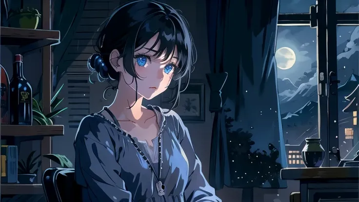 Create an illustration of a girl with black hair and blue eyes, sitting in a chair in front of a desk, Sentimental, Introspective look。, The moonlight gently shines into the room, Gently illuminate the space, Curtains sway in the wind, Increase tranquility...