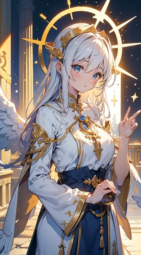 goddess，Fantasy style，Magic Style，Greek style，White gold color scheme，White and gold，goddess，Halo，Divinity，wing，wing，wing，wing，wing，Big breasts大屁股，Big breasts，Full figure，Royal sister，graceful，Noble temperament，robe，高开叉robe，Golden runes，Kingdom of Heaven b...